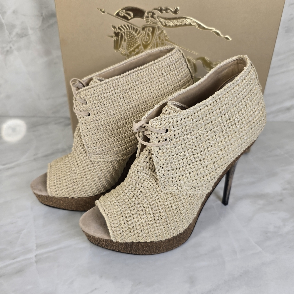 Burberry Beige Peep-Toe Woven Booties
